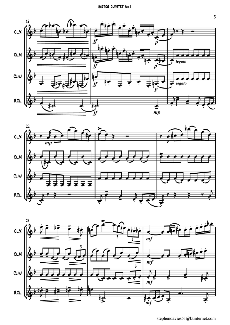 Quartet No.1 By Edouard de Hartog Op.35 for Clarinet Quartet. Clarinet Quartet scores gallery preview page 3