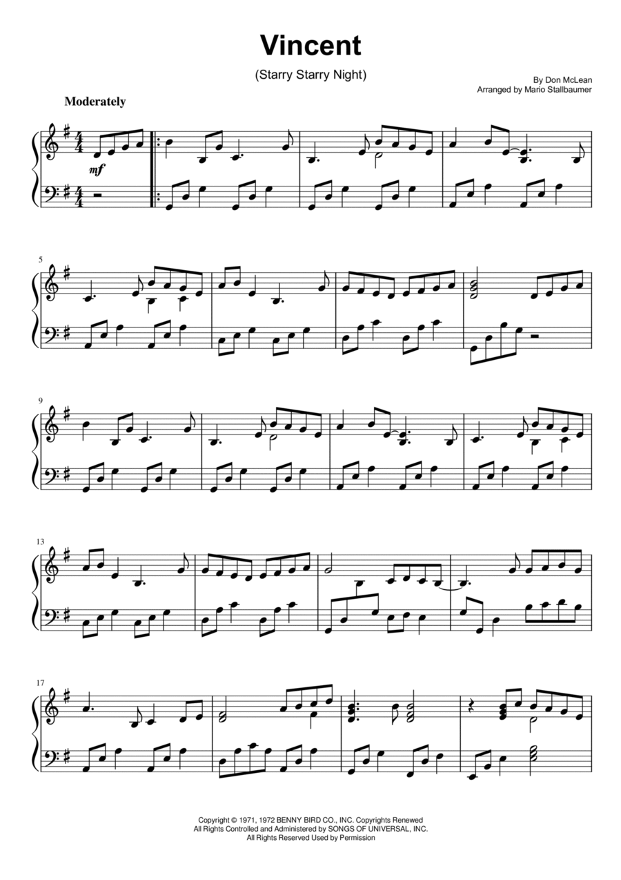 Vincent (starry Starry Night) Piano Solo scores gallery preview page 1