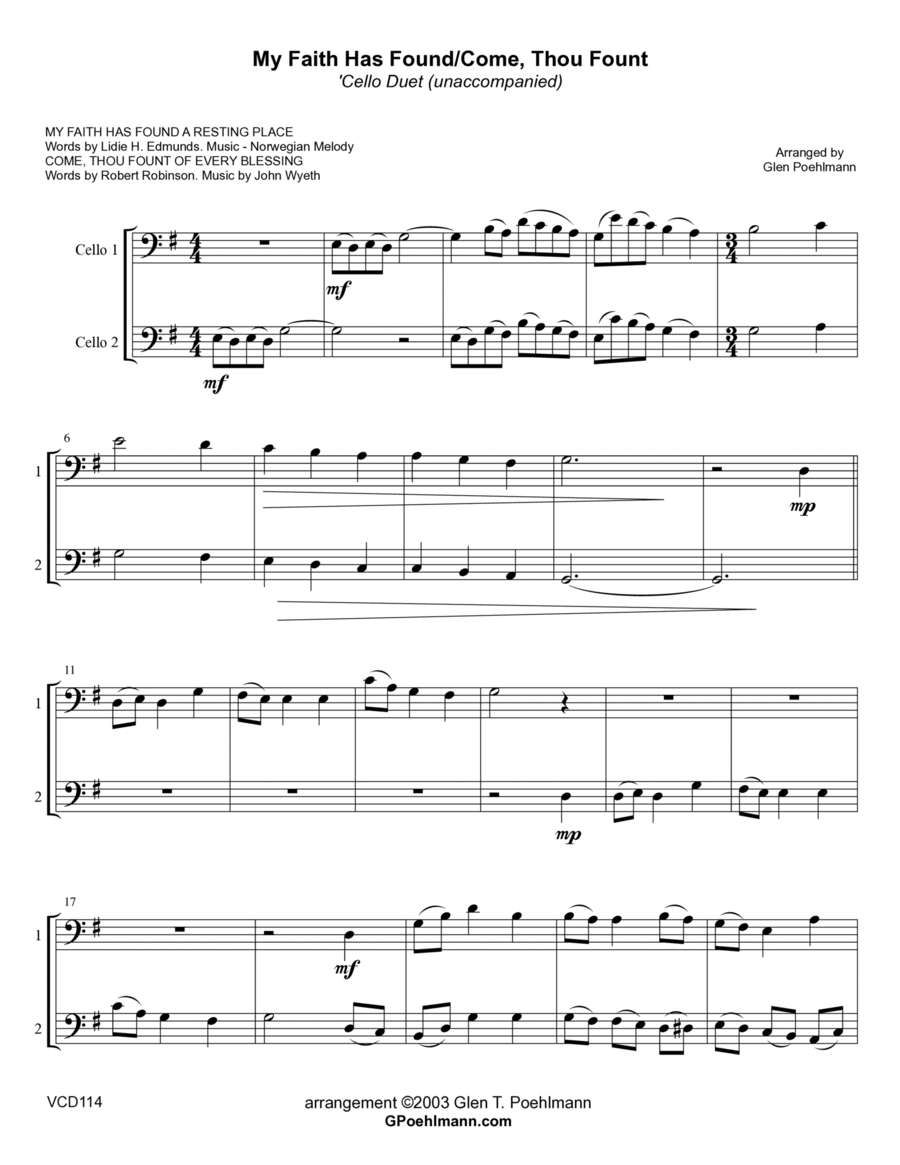 MY FAITH HAS FOUND A RESTING PLACE/COME THOU FOUNT OF EVERY BLESSING - Cello Duet (unaccompanied) String Duet scores gallery preview page 1