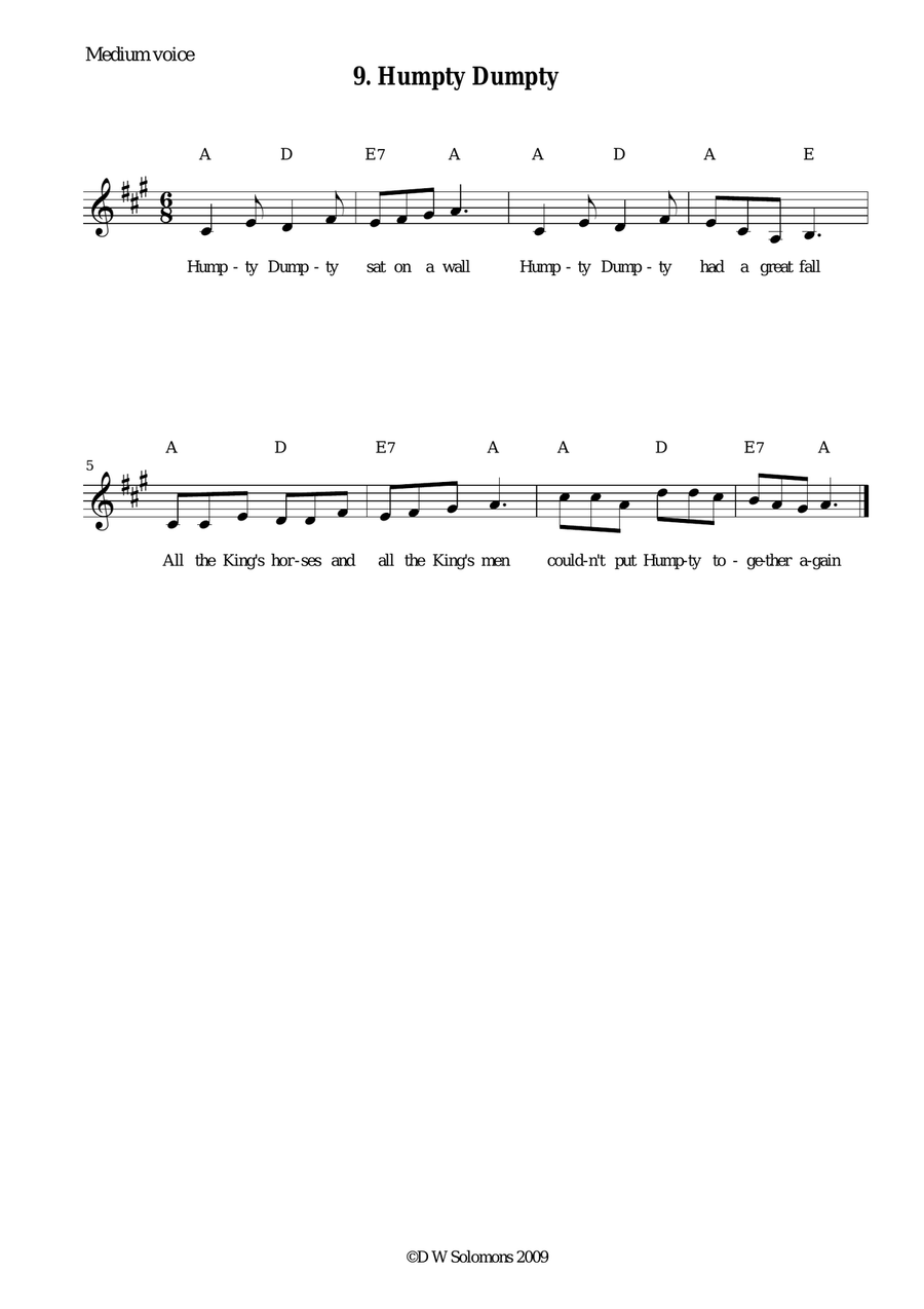 Humpty Dumpty arranged for high voice, medium voice or low voice with guitar chord accompaniments Acoustic Guitar scores gallery preview page 2