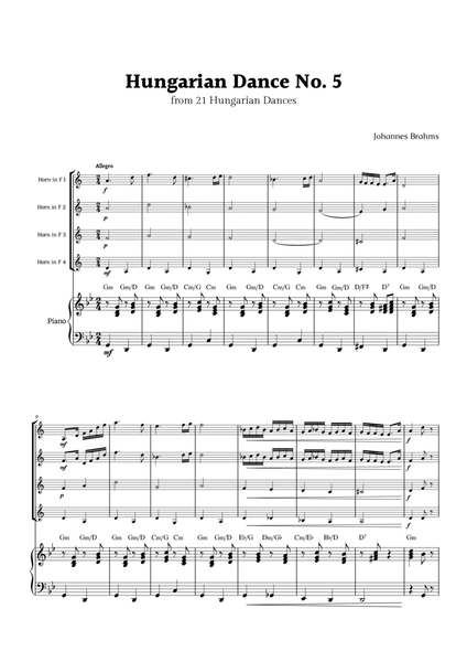 Hungarian Dance No. 5 by Brahms for French Horn Quartet and Piano image number null