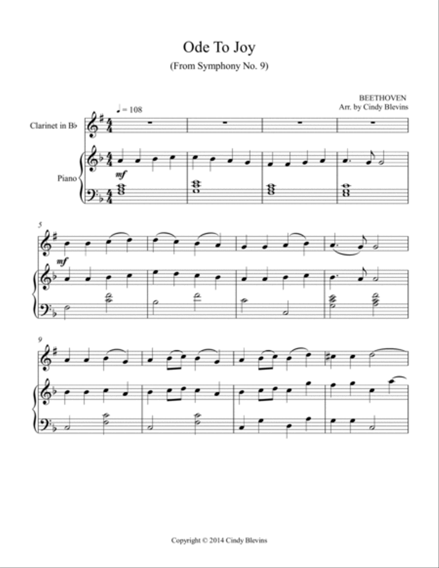 Ode To Joy, for Piano and Clarinet B-Flat Clarinet scores gallery preview page 2