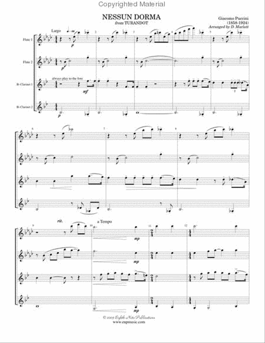 Nessun Dorma (from Turnadot) Woodwind Quartet scores gallery preview page 2