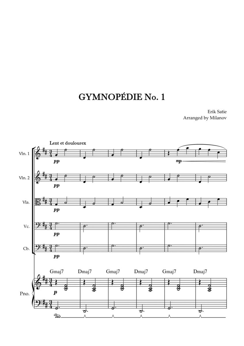 Gymnopédie no 1 | String Quintet | Original Key | Chords | Piano accompaniment |Easy intermediate image number null