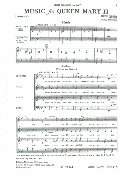 Purcell Music For Queen Mary 2 Brass Quartet & Choir Vocal Score