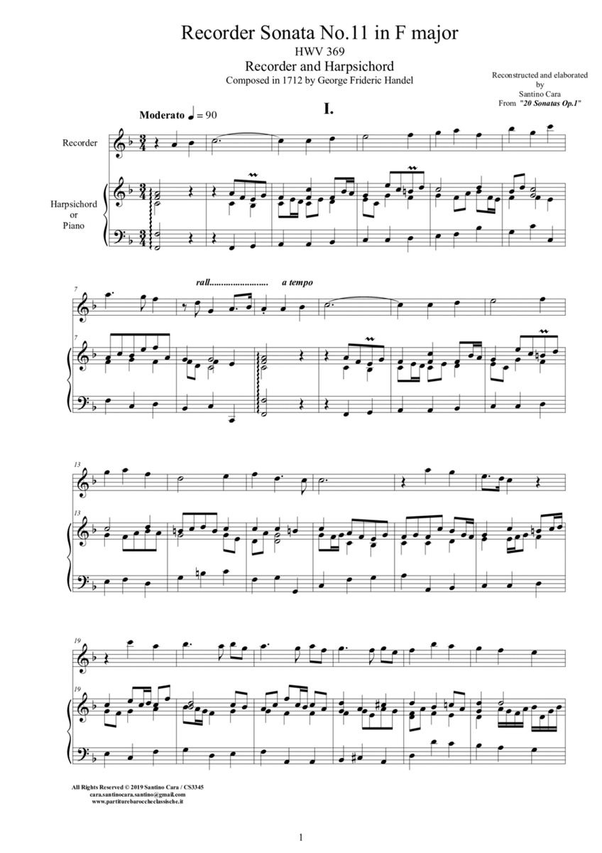 Handel - Sonata No.11 in F major Op.1 HWV 369 for Recorder and Harpsichord image number null