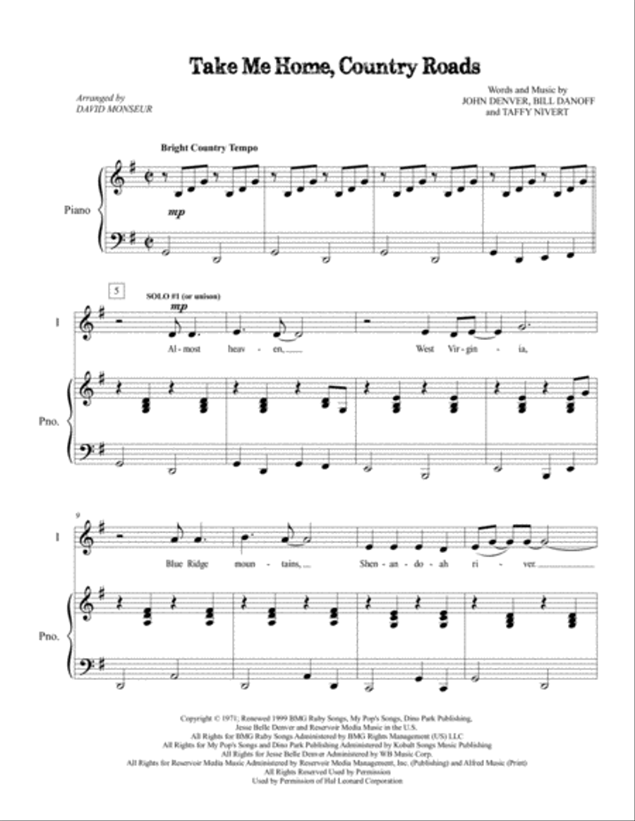 Take Me Home, Country Roads 3-Part scores gallery preview page 1