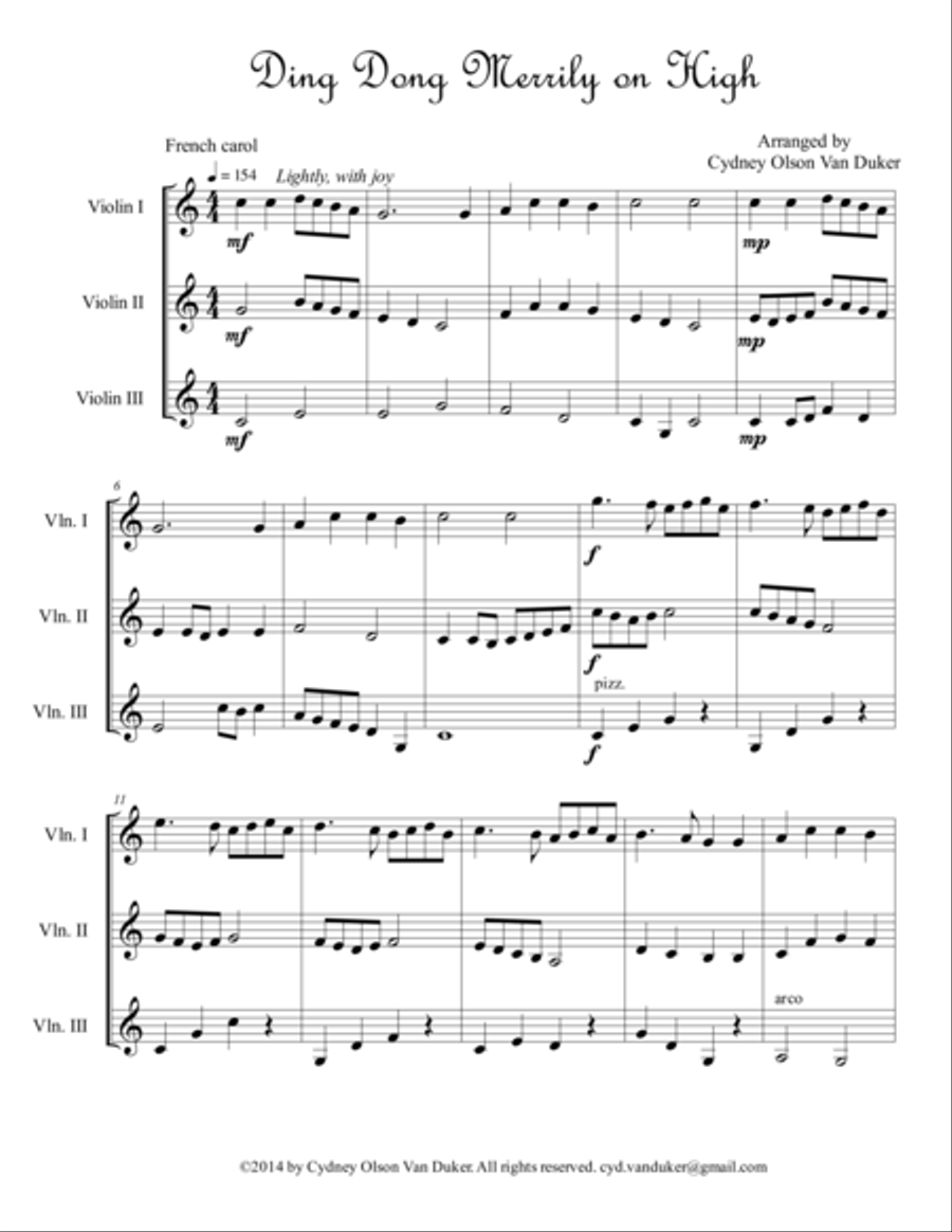 Ding Dong Merrily on High 3 Violins Small Ensemble scores gallery preview page 1