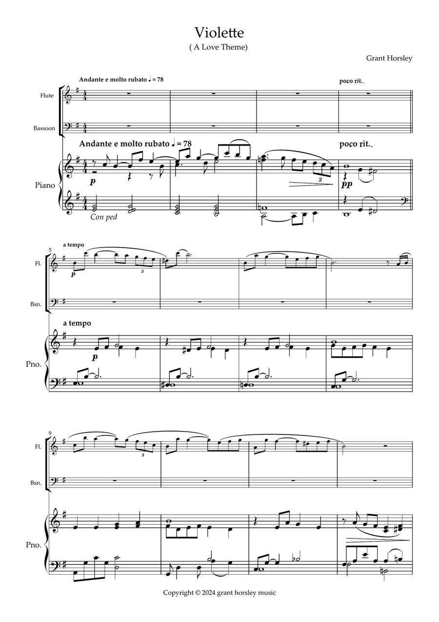 Violette. (A Love Theme). Original for Flute, Bassoon and Piano. Bassoon scores gallery preview page 2