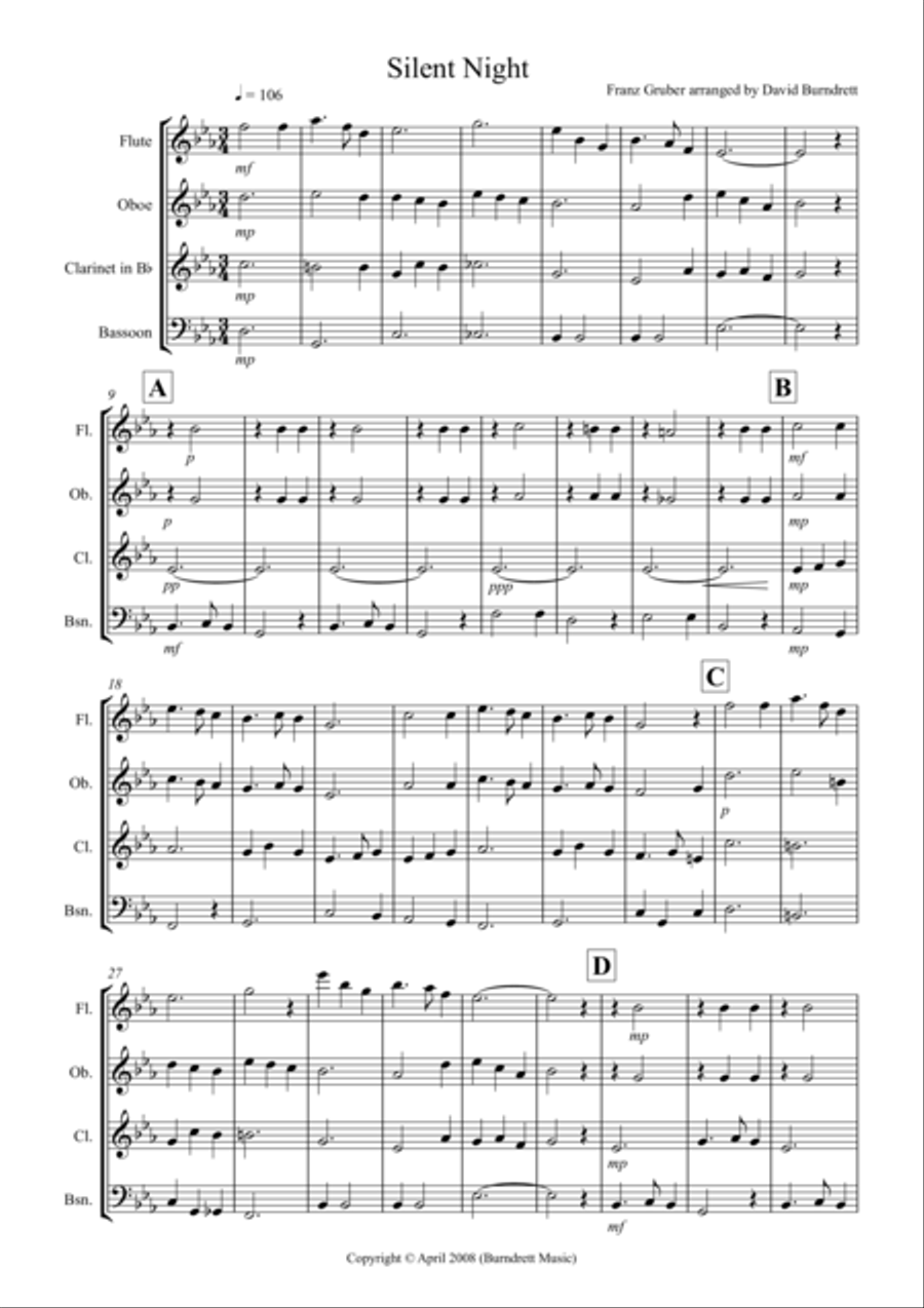 Silent Night for Wind Quartet Woodwind Quartet scores gallery preview page 1