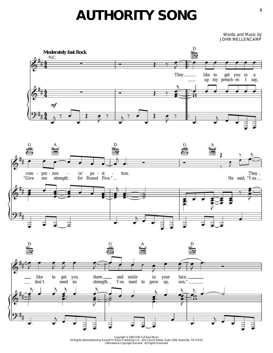 Authority Song Authority Song Piano, Vocal, Guitar scores gallery preview page 1
