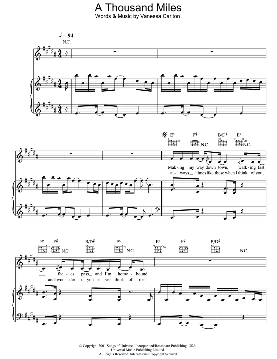 A Thousand Miles A Thousand Miles Piano, Vocal, Guitar scores gallery preview page 1
