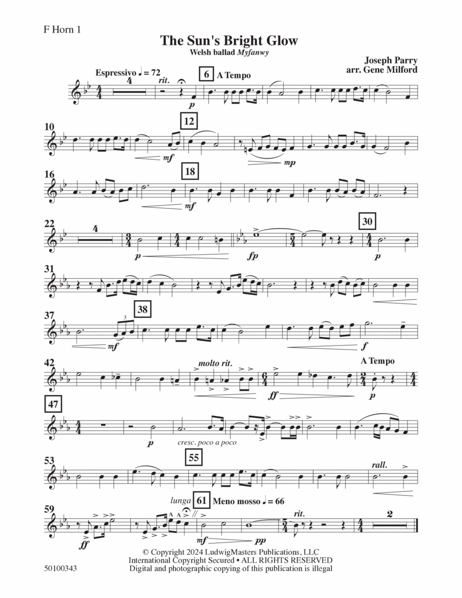 The Sun's Bright Glow (arr. Gene Milford) - Horn 1 Concert Band scores gallery preview page 1