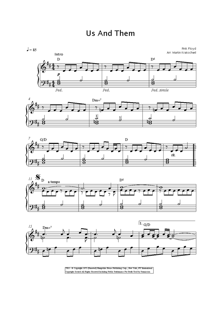 Us And Them Piano Solo scores gallery preview page 1