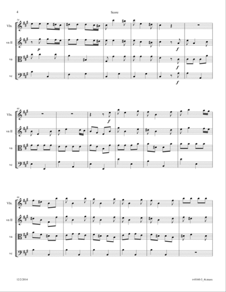 Vivaldi: Concerto for Strings in A Major RV 160; Movement 3: Allegro Arr. for String Quartet String Quartet scores gallery preview page 4