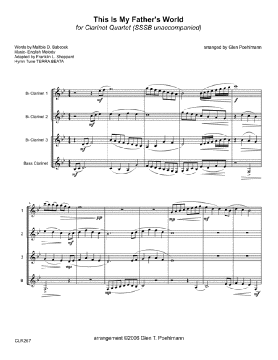 THIS IS MY FATHER'S WORLD - CLARINET QUARTET (SSSB) Clarinet Quartet scores gallery preview page 1