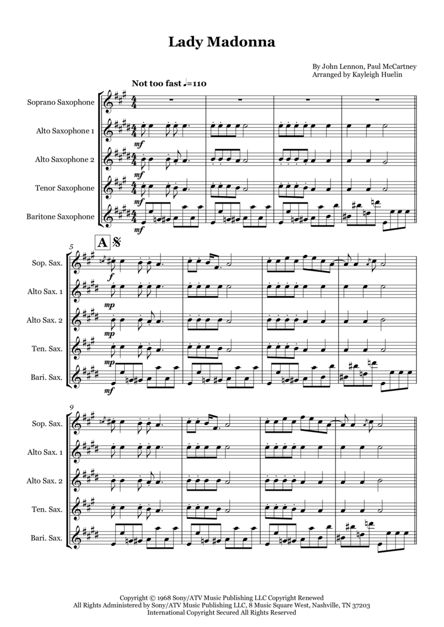 Lady Madonna Saxophone Quintet scores gallery preview page 1