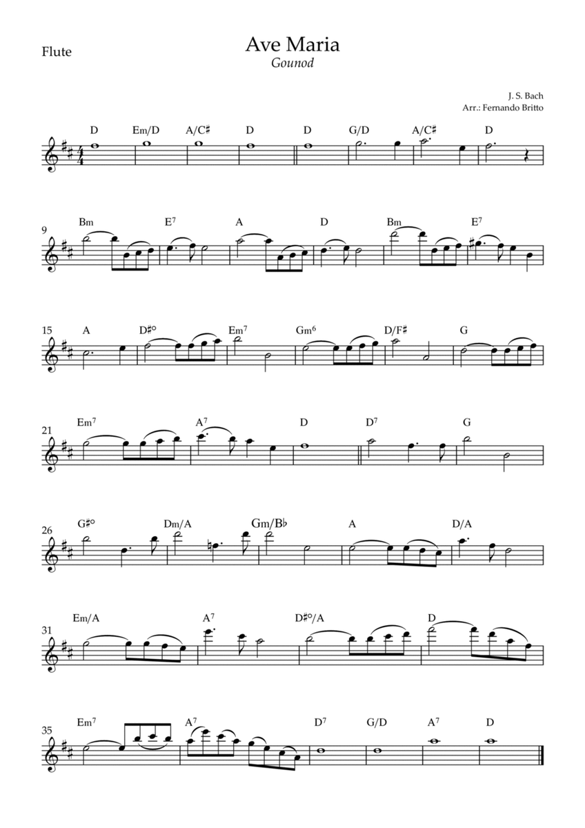 Ave Maria (Gounod) for Flute Solo with Chords (D Major)