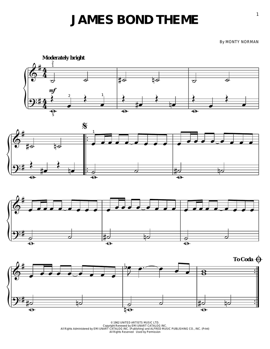 James Bond Theme Easy Piano scores gallery preview page 1
