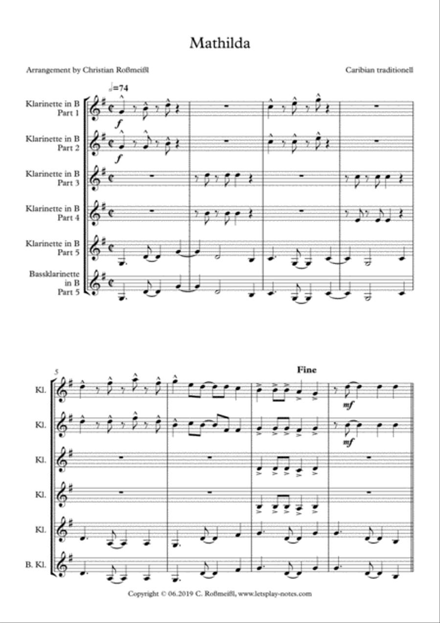 Matilda with 4 or 5 Clarinets Quartet, Quintet Clarinet Quartet scores gallery preview page 2