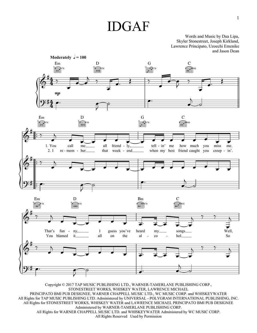 IDGAF Piano, Vocal, Guitar scores gallery preview page 1