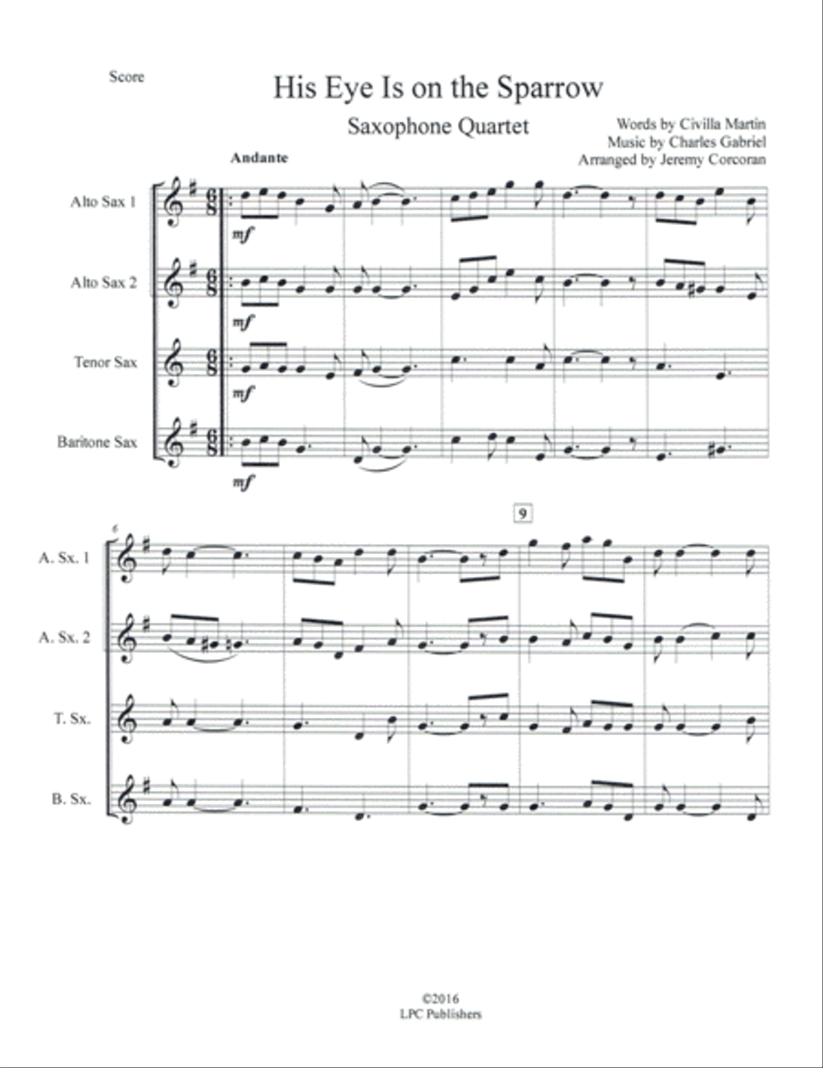 His Eye Is on the Sparrow for Saxophone Quartet Saxophone Quartet scores gallery preview page 2