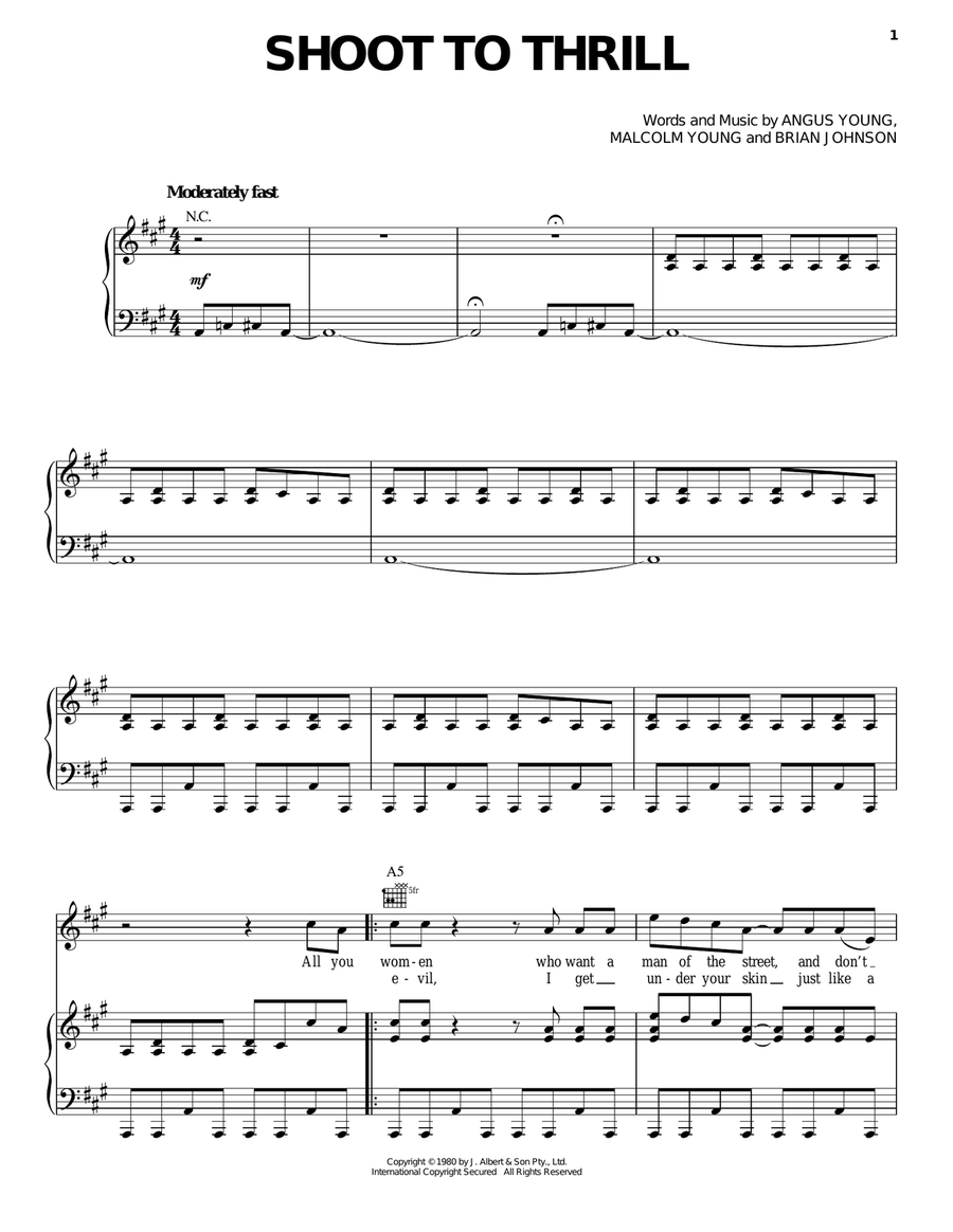Shoot To Thrill Piano, Vocal, Guitar scores gallery preview page 1