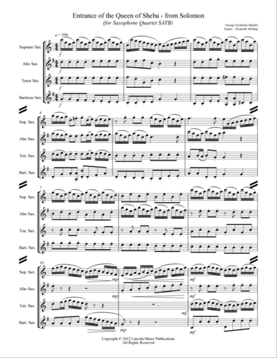 Arrival of the Queen of Sheba (for Saxophone Quartet SATB) Saxophone Quartet scores gallery preview page 2
