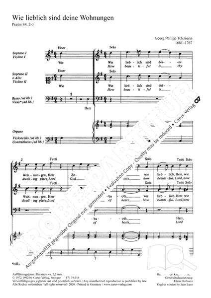How beautiful is thy dwelling place (Wie lieblich sind deine Wohnungen) by Georg Philipp Telemann SA - Sheet Music