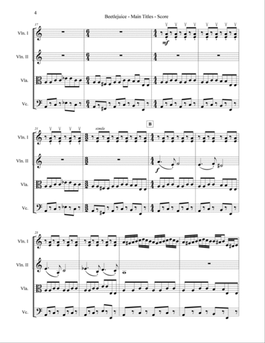 Beetlejuice (main Theme) String Quartet scores gallery preview page 4