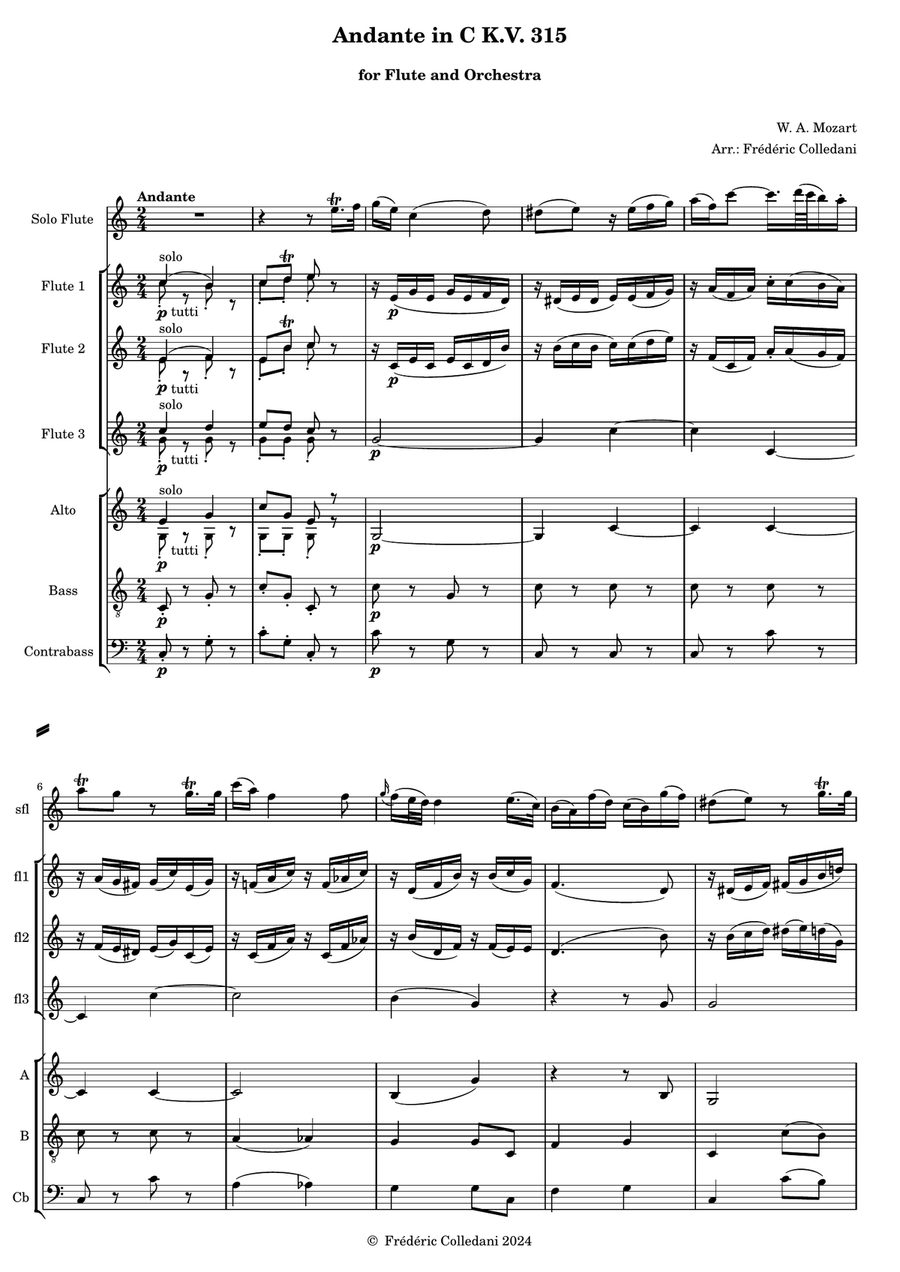 Mozart Andante in C KV 315 for solo flute and flute ensemble Flute Choir scores gallery preview page 1