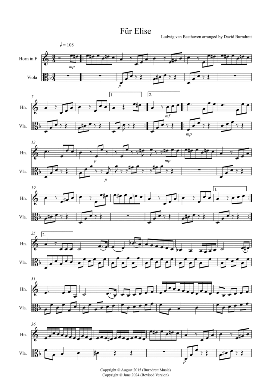 Fur Elise for Horn and Viola Duet Horn scores gallery preview page 1