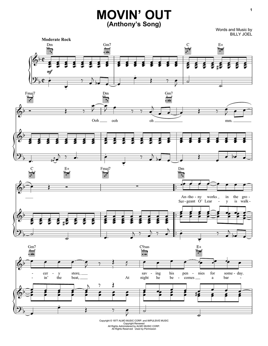 Movin' Out (Anthony's Song) Piano, Vocal, Guitar scores gallery preview page 1