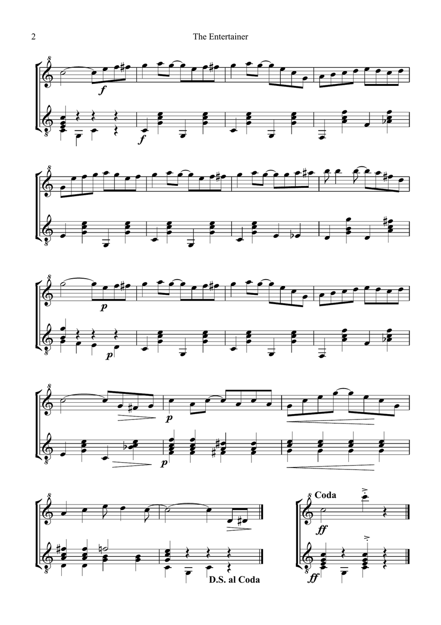 The Entertainer, Ragtime (easy, abridged) for descant recorder and guitar Small Ensemble scores gallery preview page 2