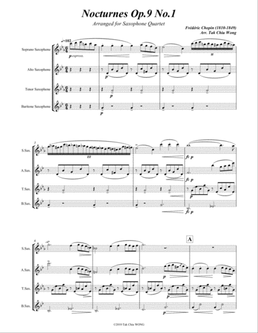 Nocturne Op.9 No.1 arranged for Saxophone Quartet Saxophone Quartet scores gallery preview page 2