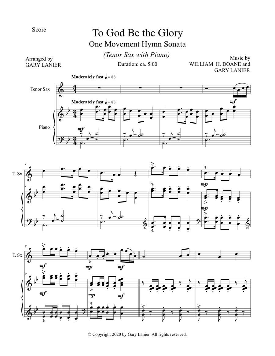 TO GOD BE THE GLORY One Movement Hymn Sonata (for Tenor Sax and Piano with Score/Part) Tenor Saxophone scores gallery preview page 2