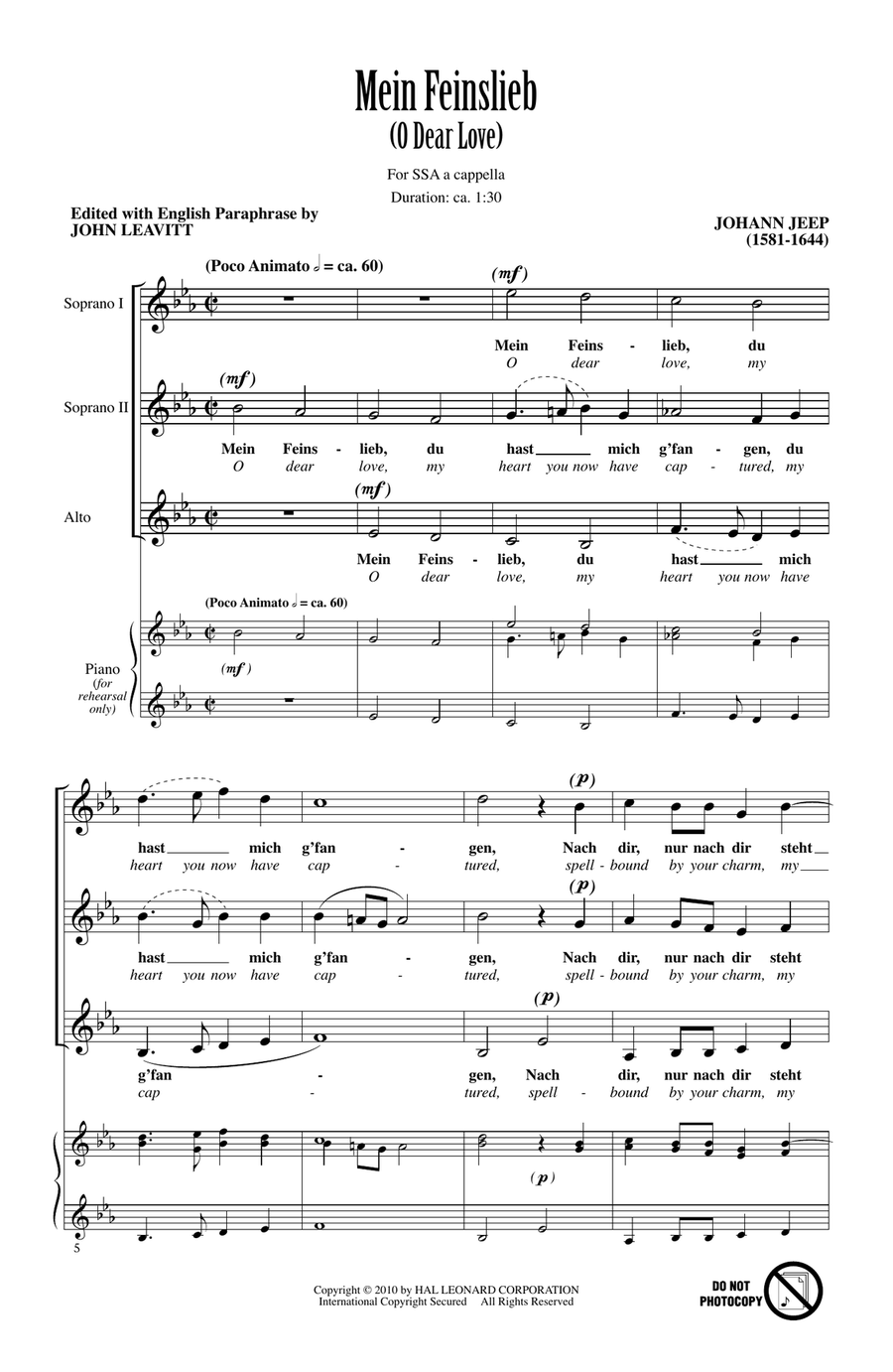 O Dear Love (Mein Feinslieb) SSA scores gallery preview page 1