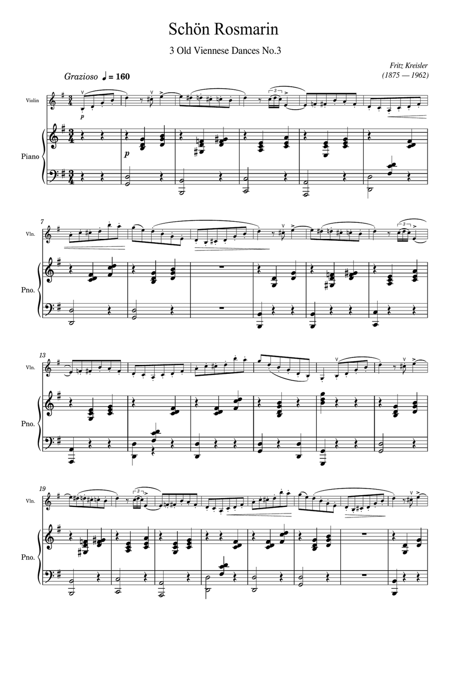 Fritz Kreisler - Schön Rosmarin - 3 Old Viennese Dances No.3 - for Violin and Piano Original Violin Solo scores gallery preview page 1