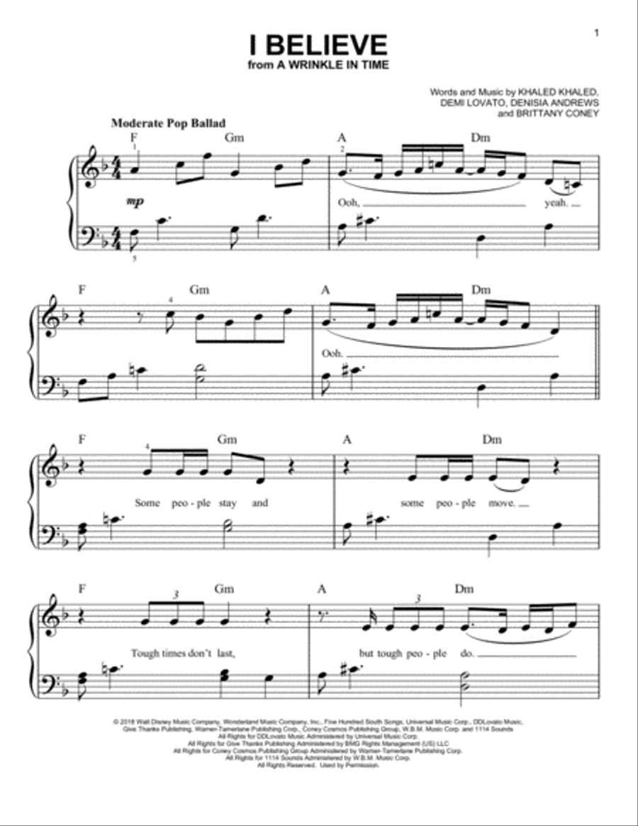 I Believe I Believe Easy Piano scores gallery preview page 1