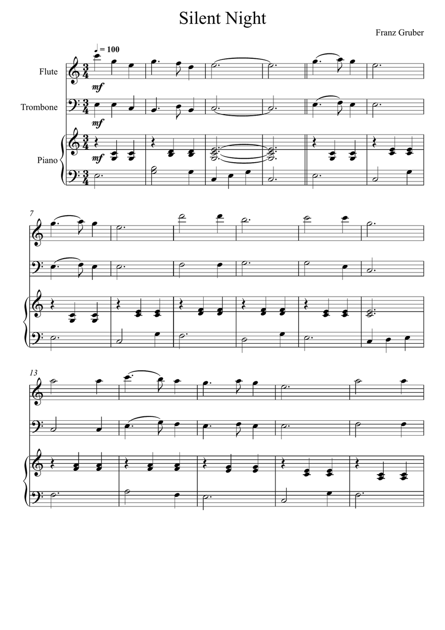Franz Gruber - Silent Night (Flute and Trombone Duet) Franz Gruber - Silent Night (Flute and Trombone Duet) Small Ensemble scores gallery preview page 1