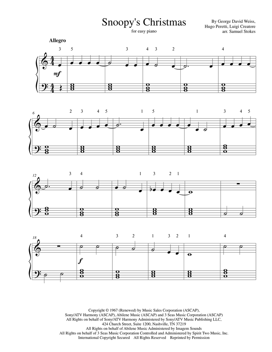 Snoopy's Christmas Snoopy's Christmas Easy Piano scores gallery preview page 1