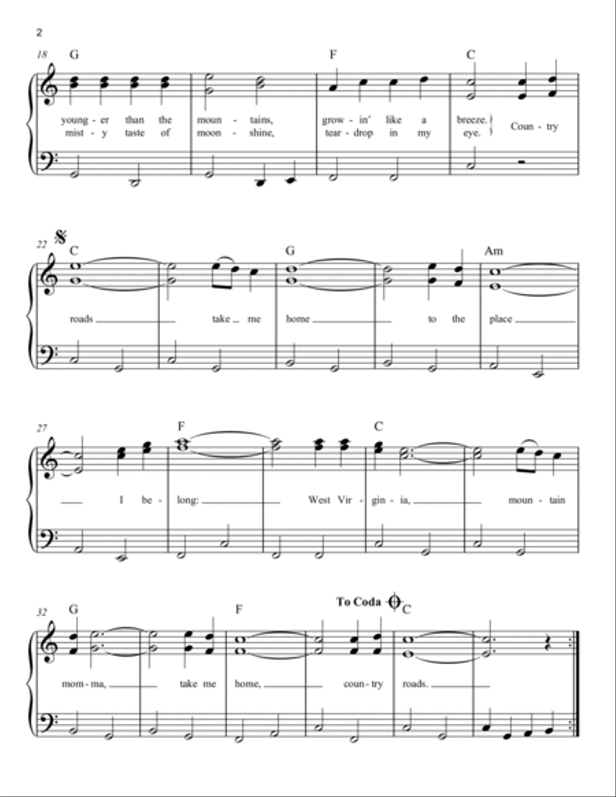 Take Me Home, Country Roads Easy Piano scores gallery preview page 2