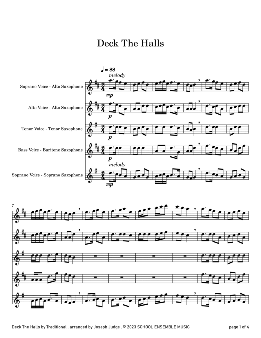 Deck The Halls for Saxophone Quartet in Schools Saxophone Quartet scores gallery preview page 1