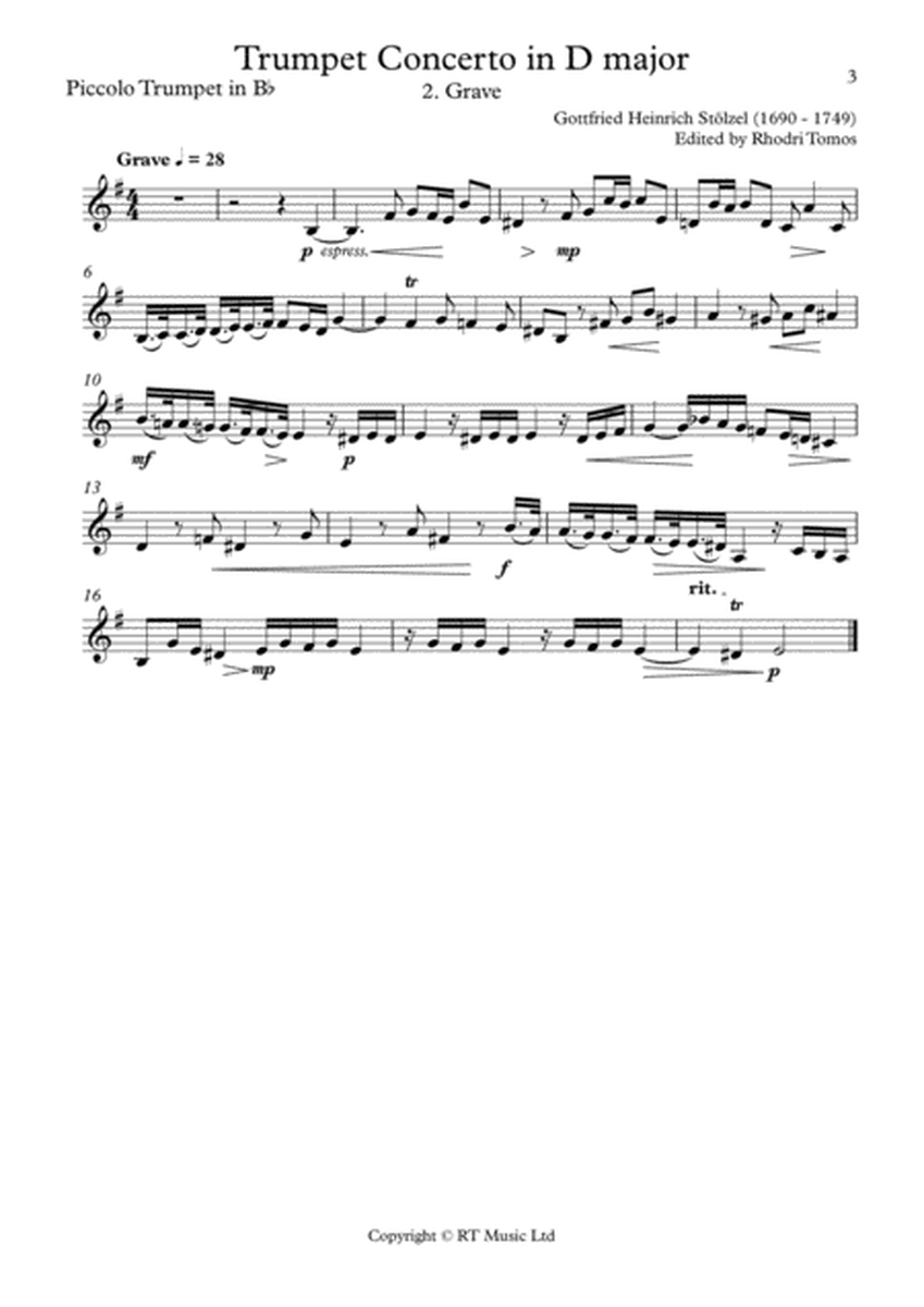 Stolzel Concerto in D major (HauH 5.3). 2. Grave. Trumpet sheet music picc A, D, C