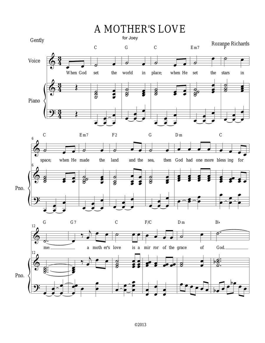 A Mother's Love Piano, Vocal scores gallery preview page 1