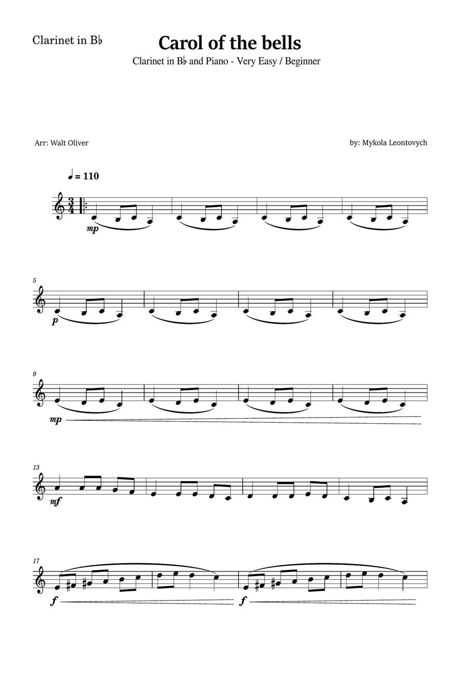 Carol of the Bells for Bb Clarinet and Piano (Very Easy - Beginner) B-Flat Clarinet scores gallery preview page 4