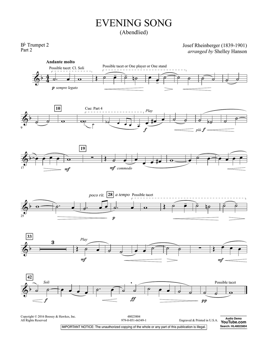 Evening Song (Abendlied) - Pt.2 - Bb Trumpet 2 Concert Band scores gallery preview page 1