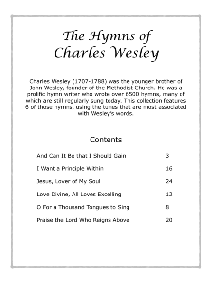 The Hymns of Charles Wesley - Six piano arrangements of tunes associated with Wesley hymns image number null