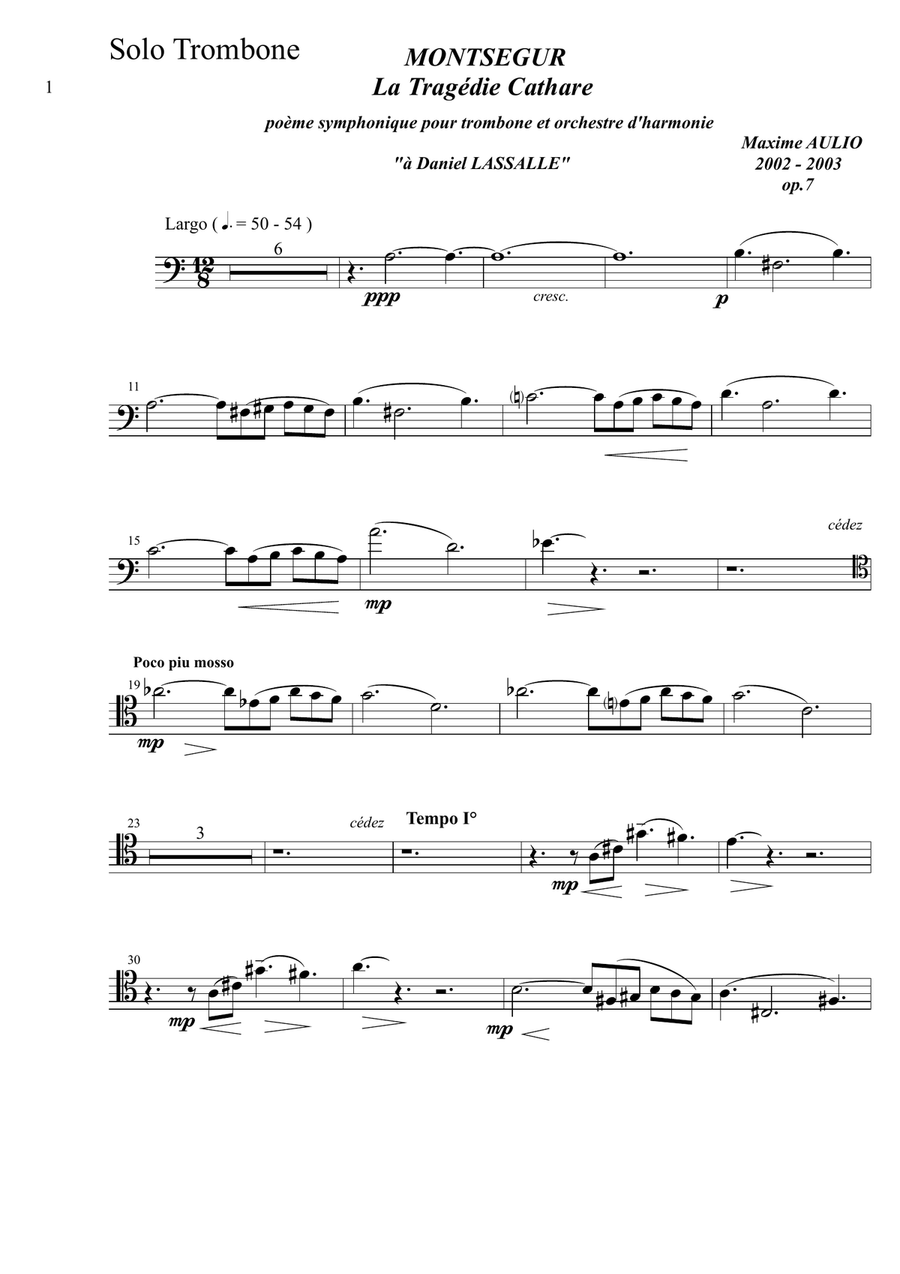 Montsegur, The Cathar Tragedy, symphonic poem for solo trombone and orchestra - PARTS Small Ensemble scores gallery preview page 1