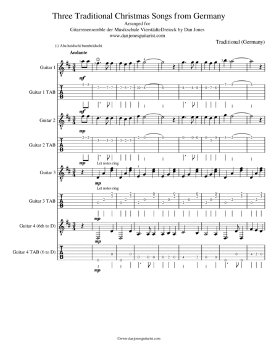 Three Traditional Christmas Songs from Germany for Four Guitars Guitar Tablature scores gallery preview page 2